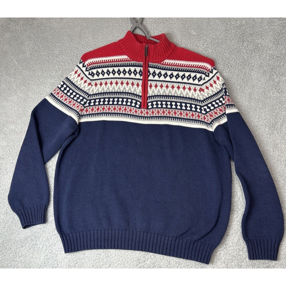 Izod Sz XL Fair Isle 1/4 Zip Sweater Red White Blue Pullover Preppy Ski